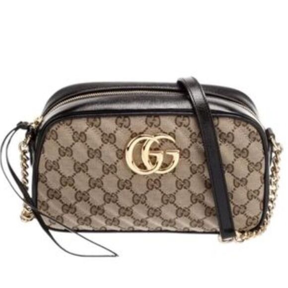 Gucci GG Monogram Canvas Marmont Chain Crossbody Bag Beige Black Women's Small - Picture 4 of 8